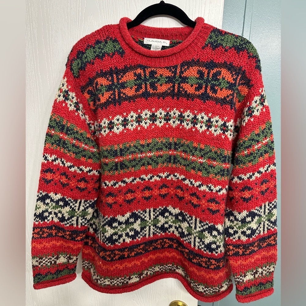 Claudia O. Red Fair Isle Crewneck Sweater